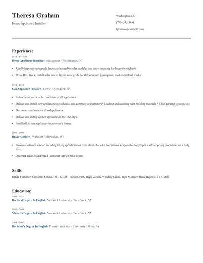 Home Appliance Installer Resume