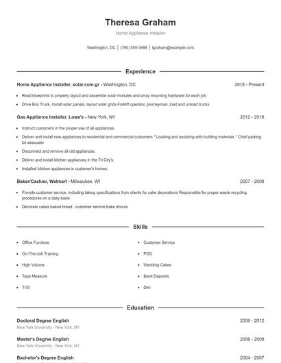 Home Appliance Installer Resume