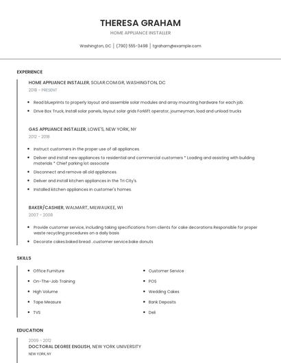 Home Appliance Installer Resume