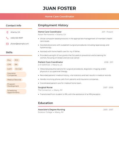 Home Care Coordinator Resume