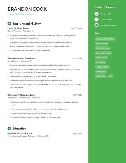 Home Care Coordinator Resume