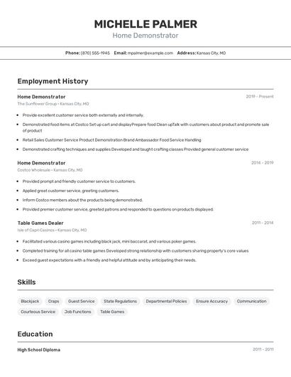 Home Demonstrator Resume