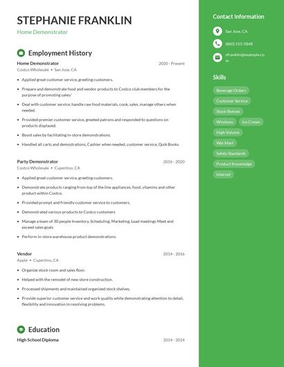 Home Demonstrator Resume