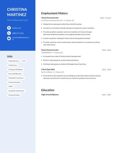 Home Demonstrator Resume