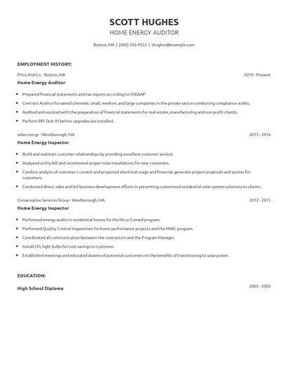 Home Energy Auditor Resume