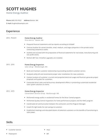 Home Energy Auditor Resume