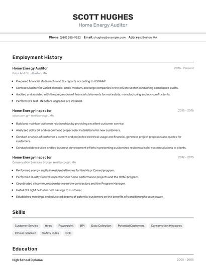 Home Energy Auditor Resume