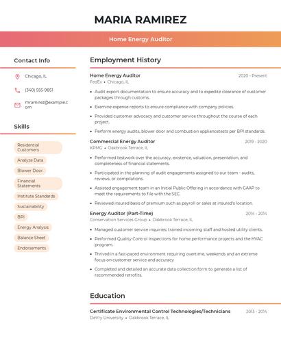 Home Energy Auditor Resume