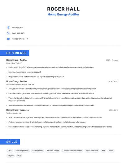 Home Energy Auditor Resume
