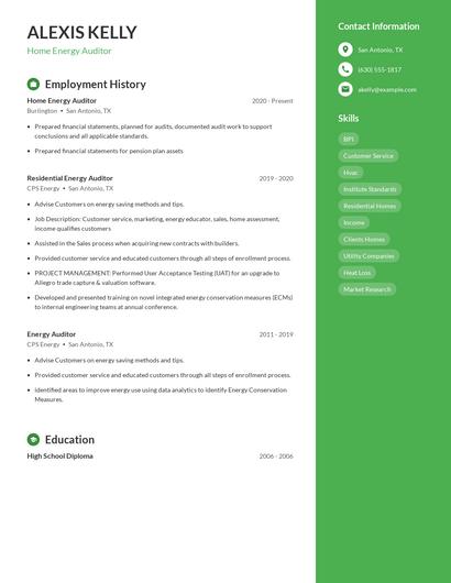 Home Energy Auditor Resume