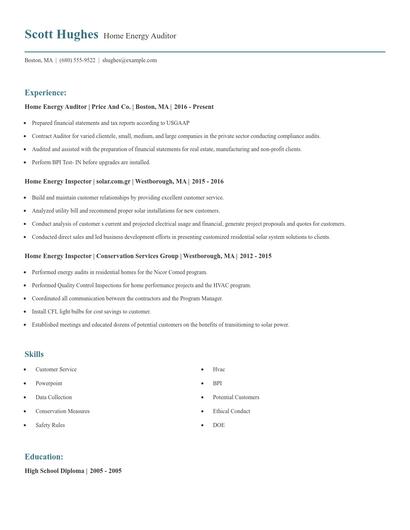 Home Energy Auditor Resume