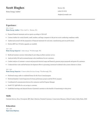 Home Energy Auditor Resume