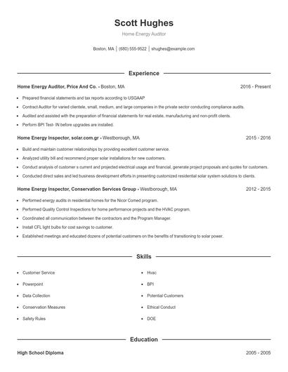 Home Energy Auditor Resume