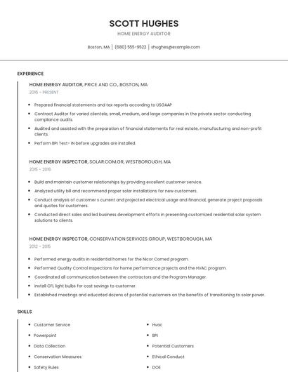 Home Energy Auditor Resume