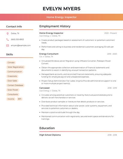 Home Energy Inspector Resume