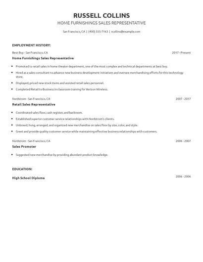 Home Furnishings Sales Representative Resume
