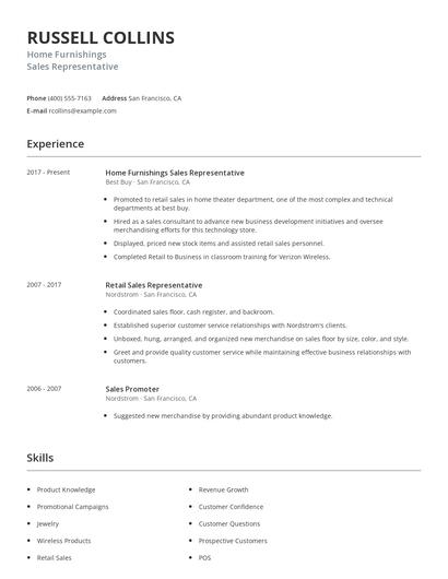 Home Furnishings Sales Representative Resume