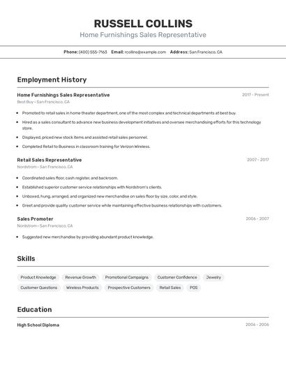 Home Furnishings Sales Representative Resume