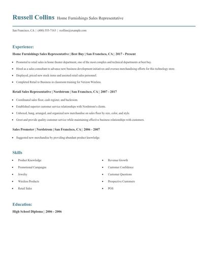Home Furnishings Sales Representative Resume