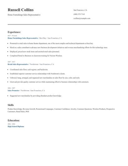 Home Furnishings Sales Representative Resume