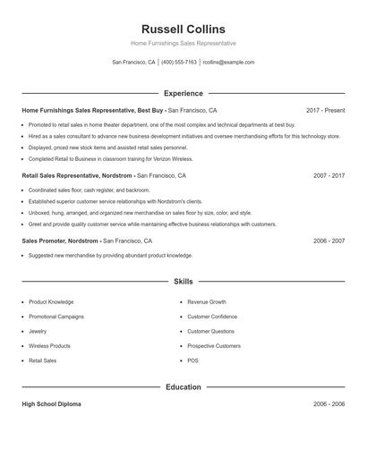 Home Furnishings Sales Representative Resume