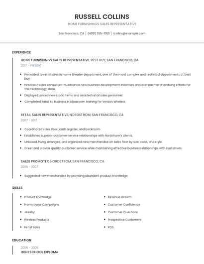 Home Furnishings Sales Representative Resume