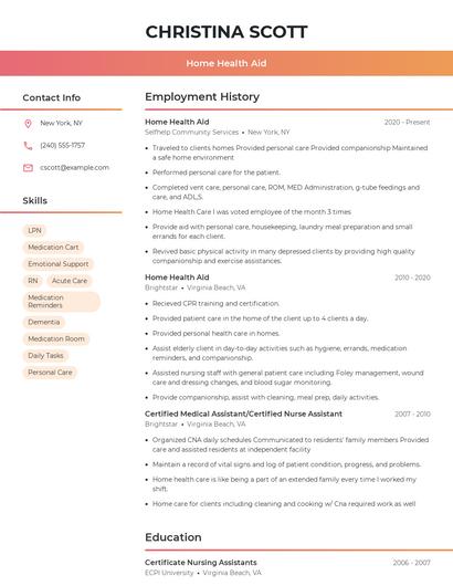 Home Health Aid Resume