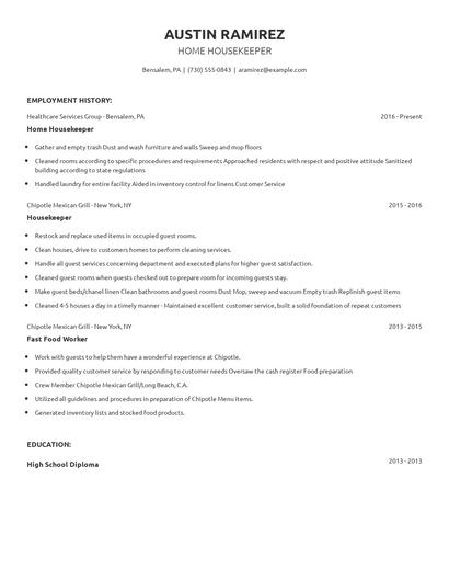 Home Housekeeper Resume