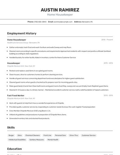 Home Housekeeper Resume