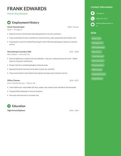 Home Housekeeper Resume