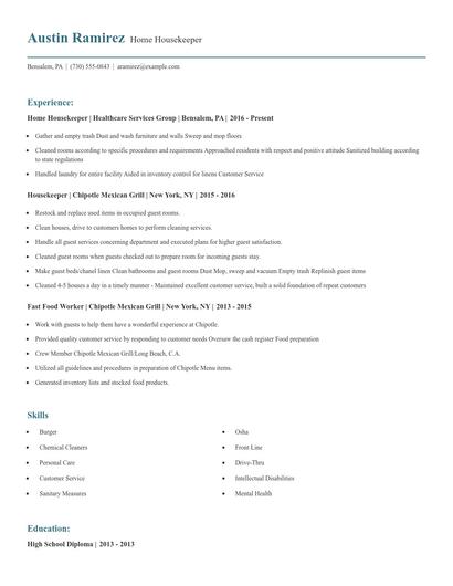 Home Housekeeper Resume