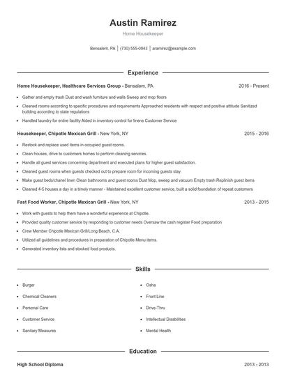 Home Housekeeper Resume