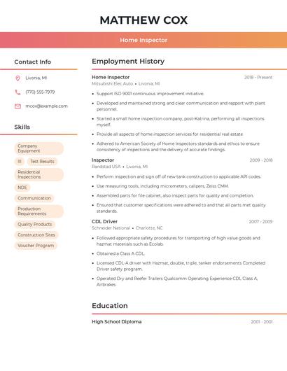Home Inspector Resume