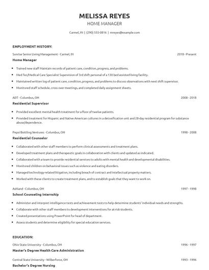 Home Manager Resume