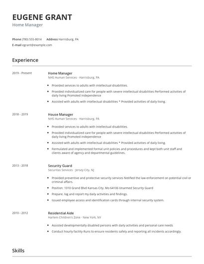 Home Manager Resume