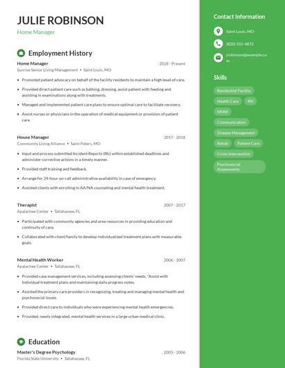 Home Manager Resume