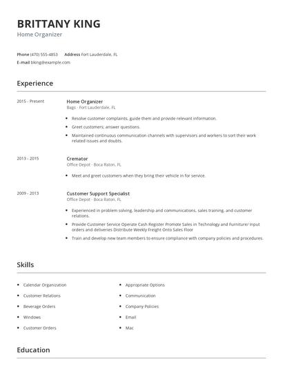 Home Organizer Resume