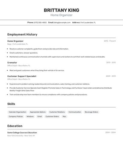 Home Organizer Resume