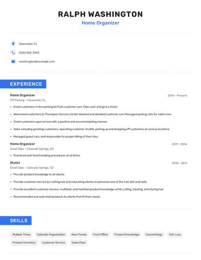 Home Organizer Resume