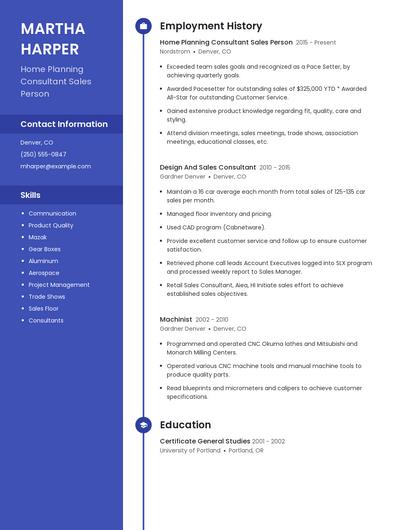 Home Planning Consultant Sales Person Resume