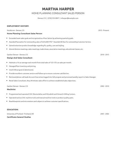 Home Planning Consultant Sales Person Resume