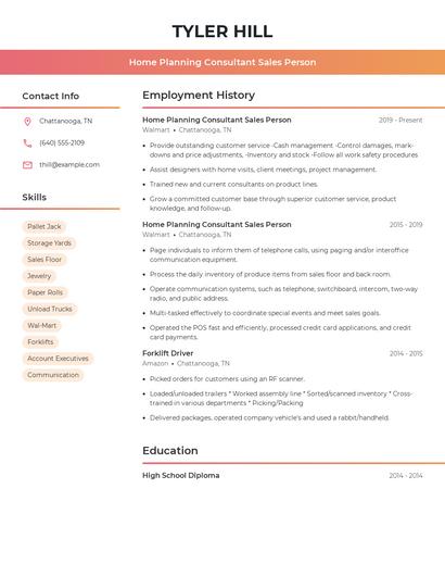 Home Planning Consultant Sales Person Resume