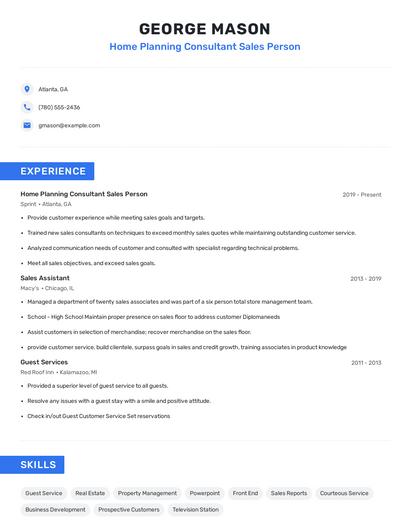 Home Planning Consultant Sales Person Resume