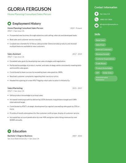 Home Planning Consultant Sales Person Resume