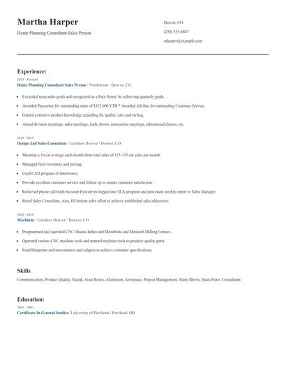 Home Planning Consultant Sales Person Resume