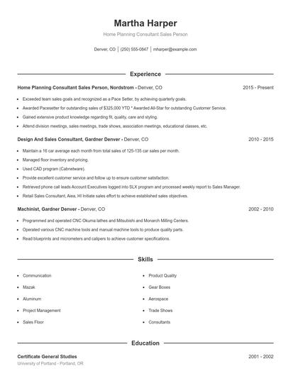 Home Planning Consultant Sales Person Resume