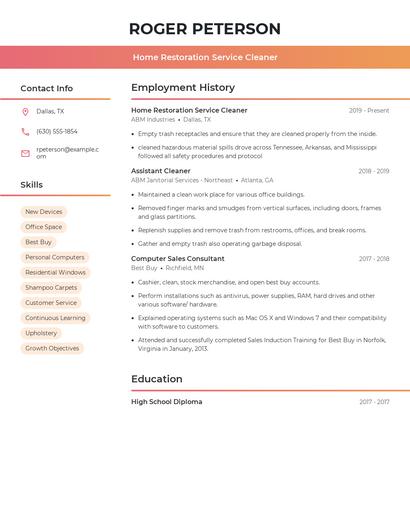Home Restoration Service Cleaner Resume