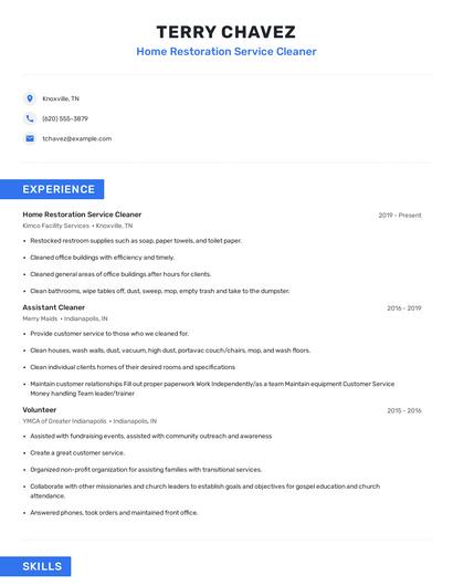 Home Restoration Service Cleaner Resume