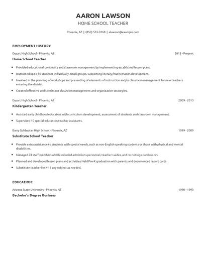 Home School Teacher Resume