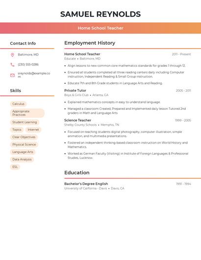 Home School Teacher Resume